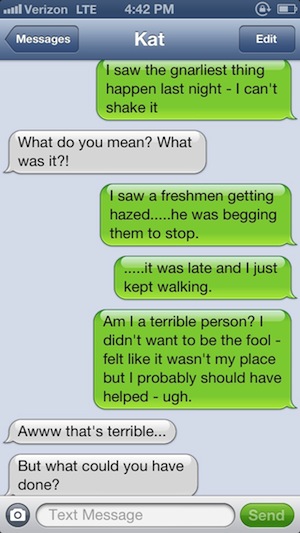 A screen shot of a text message conversation which demonstrates the bystander effect.